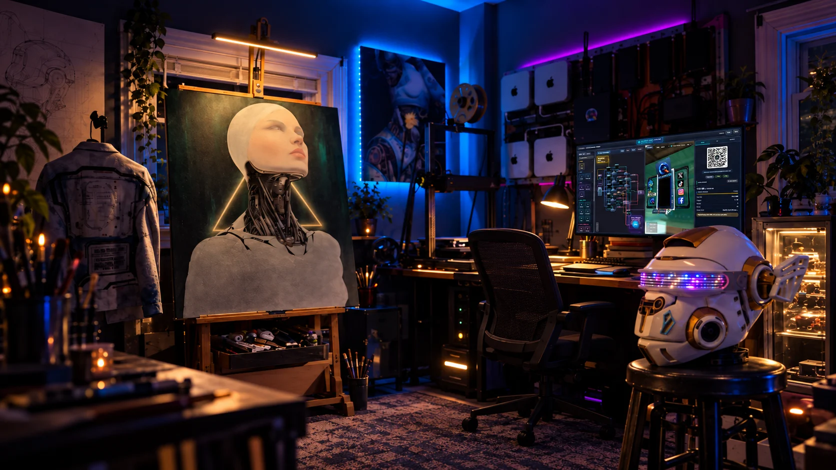 Apollo XR studio: a painting on an easel, a digital workstation and a robotic helmet, lit in blue, violet and warm amber.